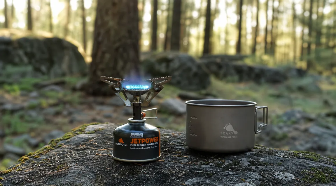 Canister stove lit with a rolling boil in a camp pot, backpack and trail visible behind