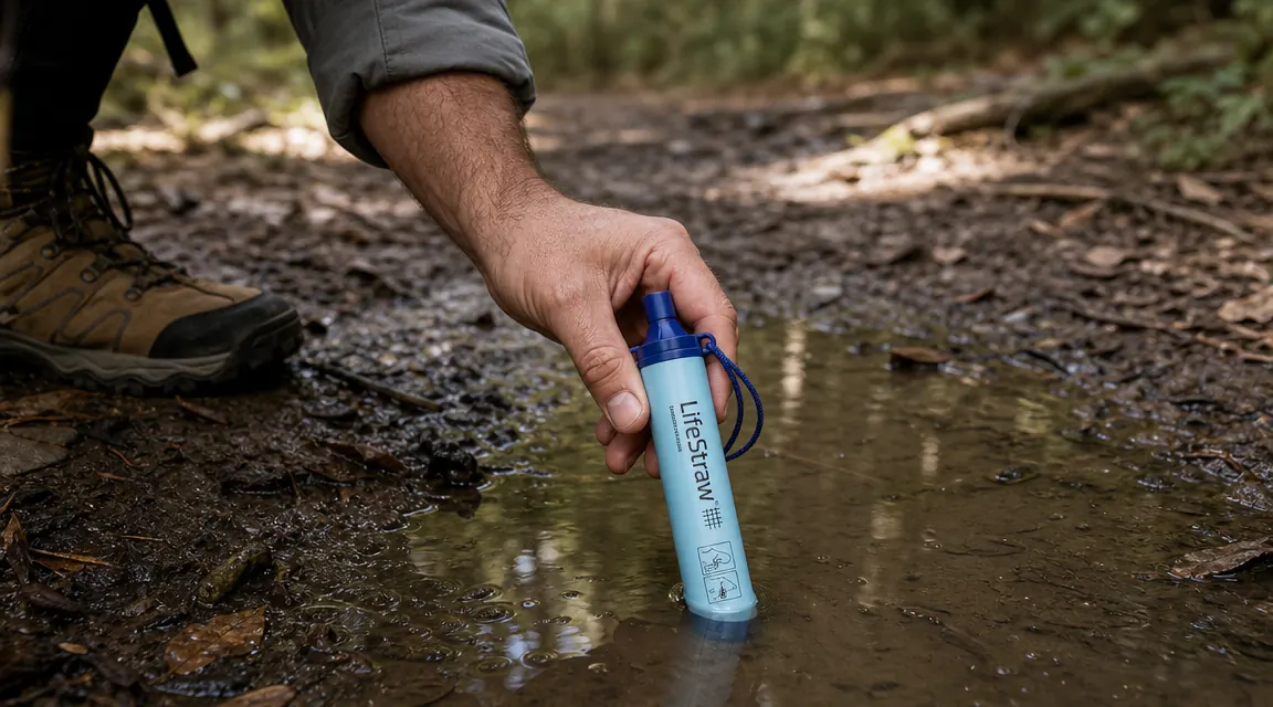 Close-up of a LifeStraw personal water filter being used to drink from a muddy puddle in a forest setting