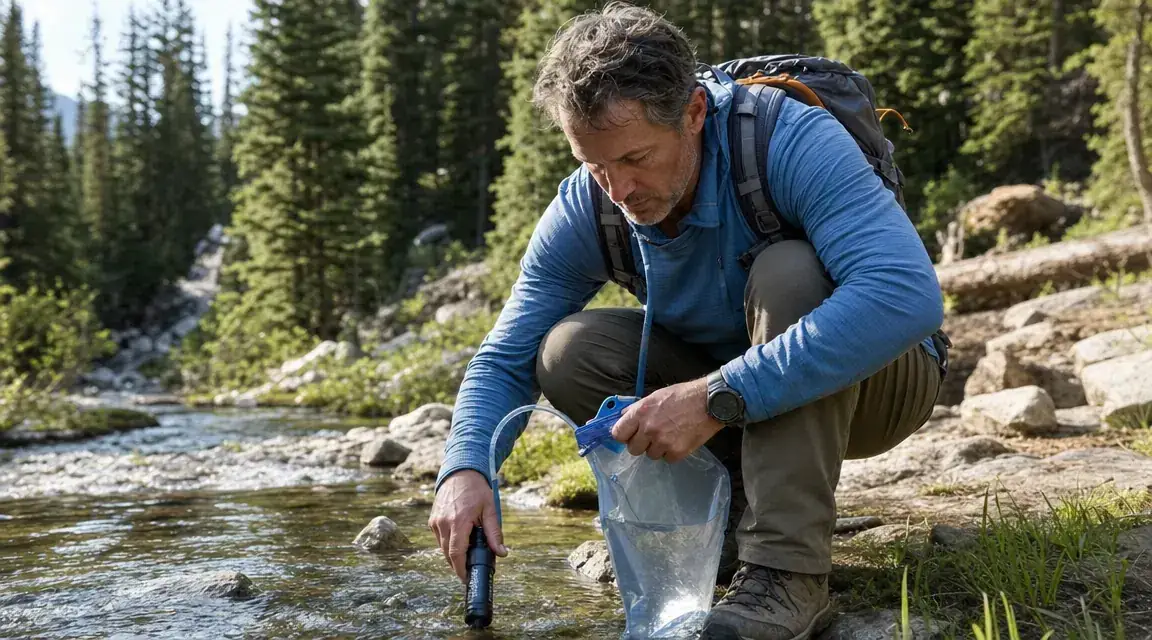 Backcountry campsite with tent pitched near a creek, suggesting water source access and self-sufficiency