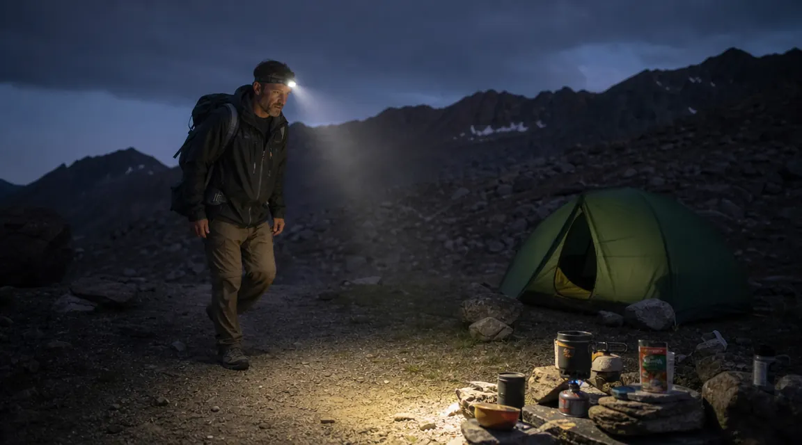 Hands setting up tent stakes at night, bright headlamp beam showing gear on ground clearly