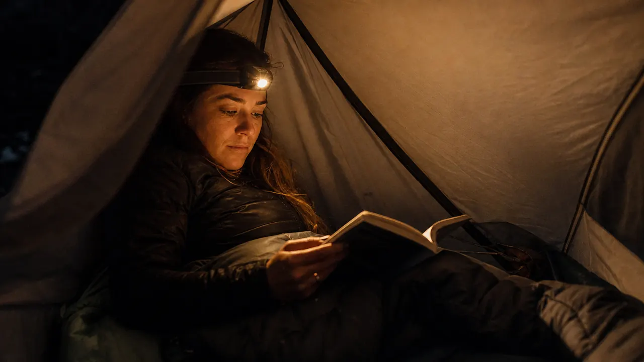 Headlamp set on a rock beside a camp stove at night, casting a wide beam across a campsite with a tent visible in the background