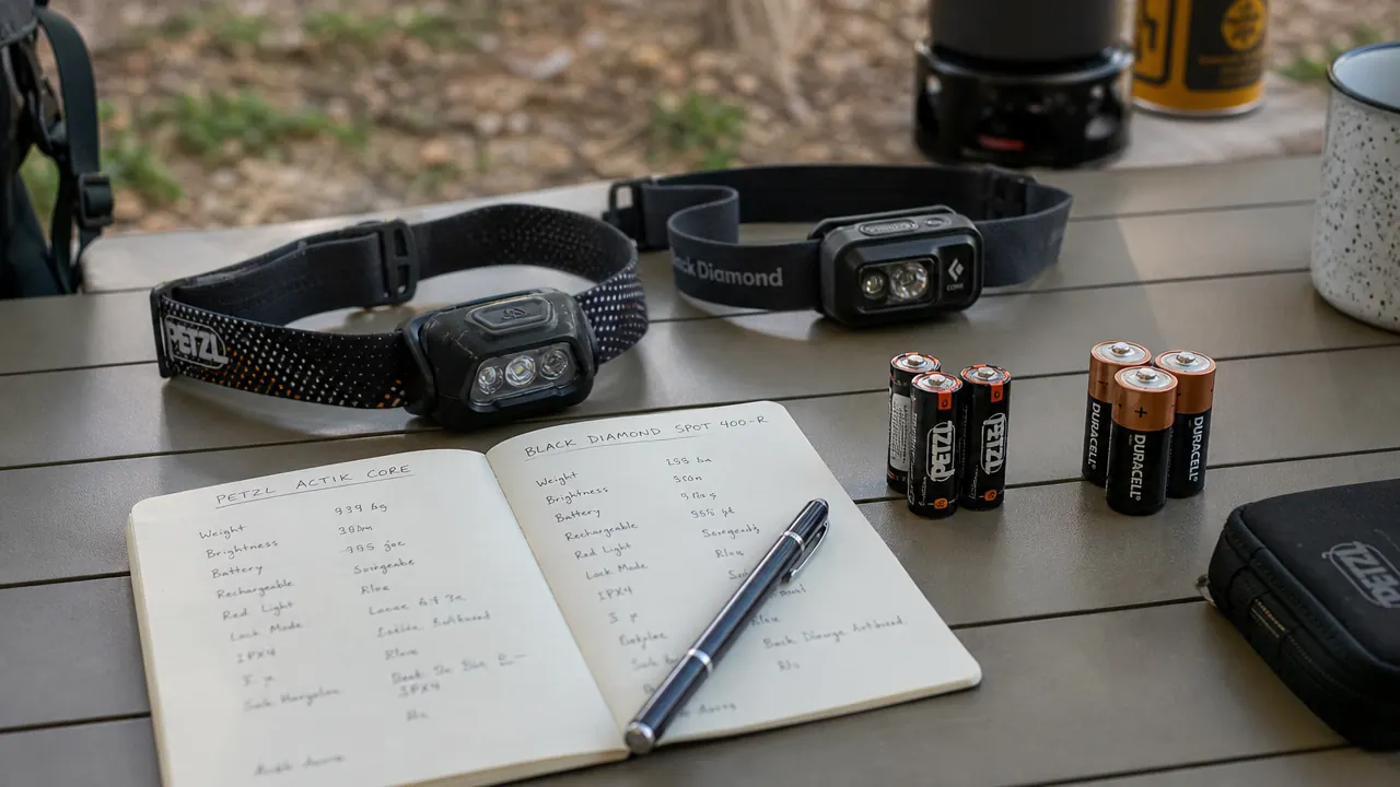 Hand replacing AAA batteries in a small headlamp next to a tent at a campsite