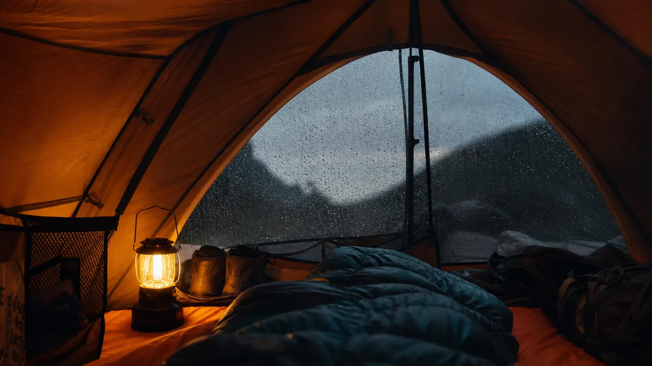 View from inside a tent looking out at a rainy campsite through mesh inner walls