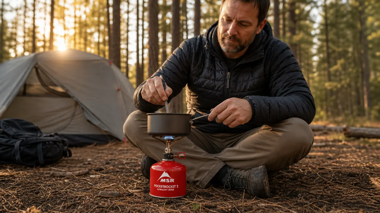 Backpacker stirring a one-pot pasta meal over a small canister stove in a forest campsite