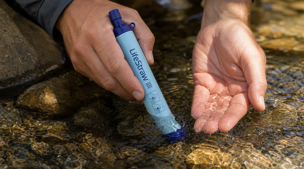 Hand holding a LifeStraw personal water filter directly in a running stream