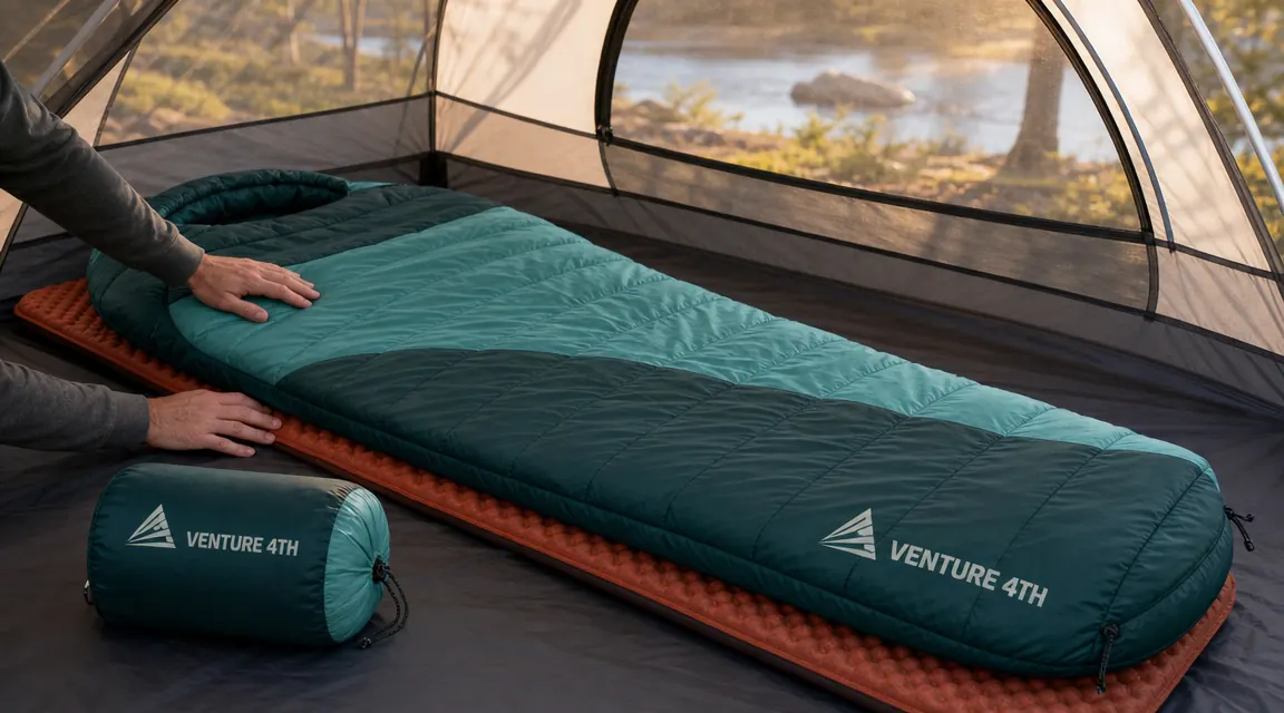 VENTURE 4TH mummy sleeping bag laid out on a sleeping pad inside a tent