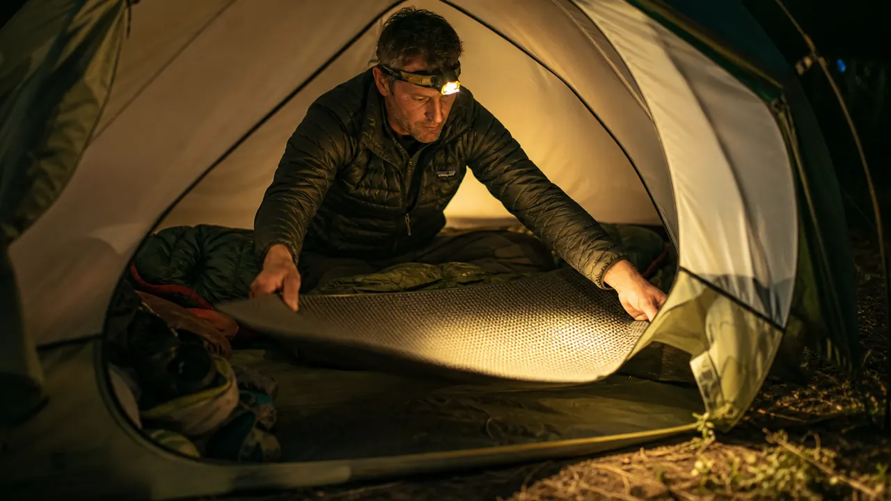 Camper choosing a sheltered campsite behind a tree line with tent pitched low in a hollow