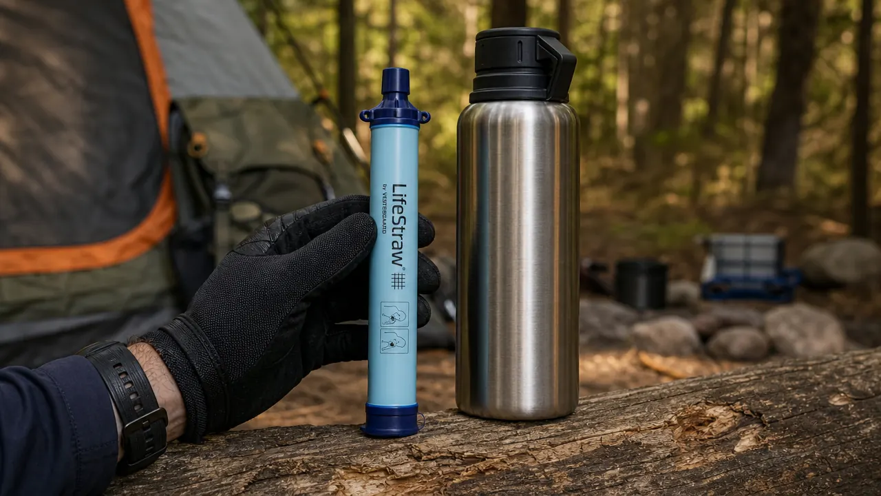 LifeStraw personal water filter held in hand next to a stainless water bottle at a campsite