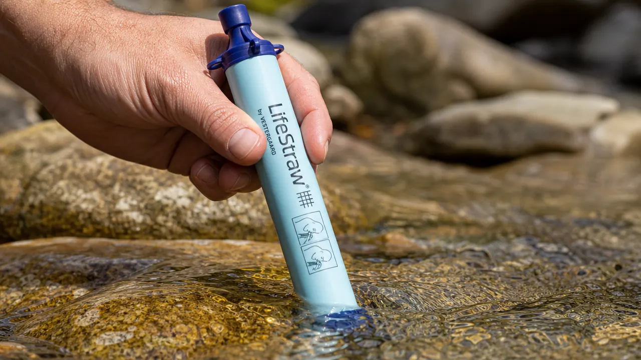 Hand holding a LifeStraw personal water filter over a shallow backcountry creek, water visibly being drawn through the filter straw