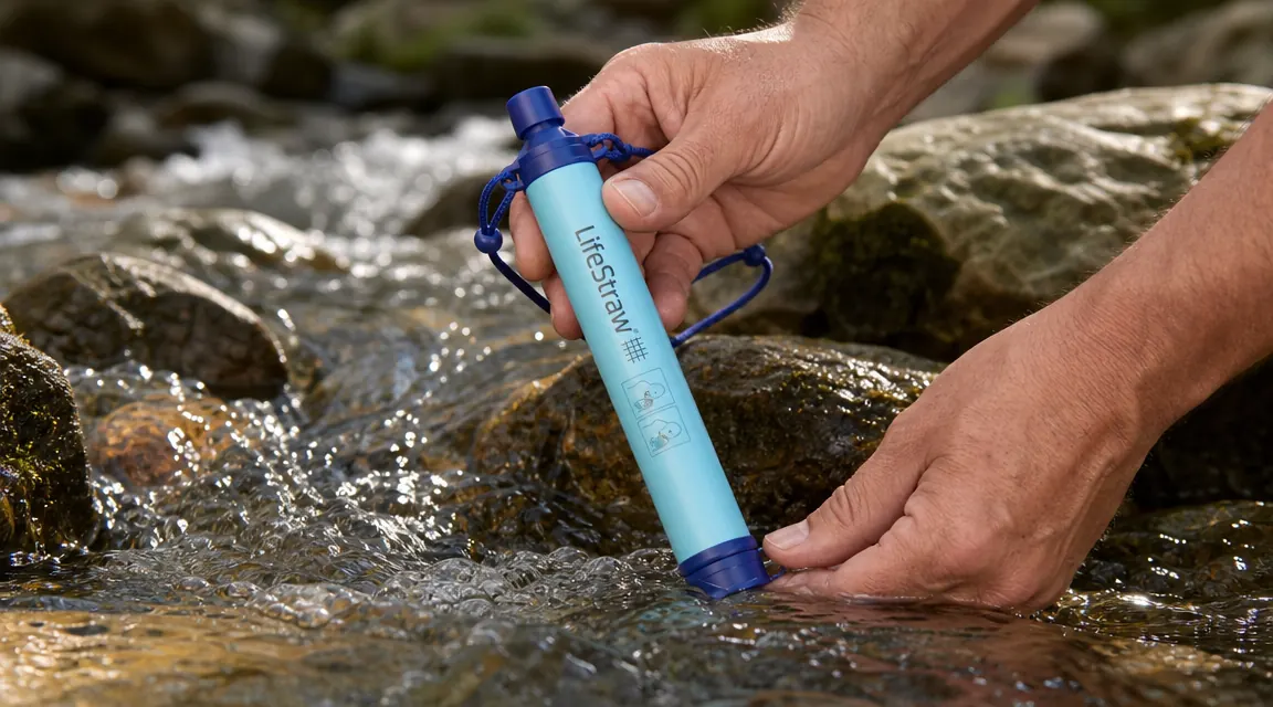 Hands holding a LifeStraw filter next to a water bottle, illustrating that the straw cannot fill the bottle directly