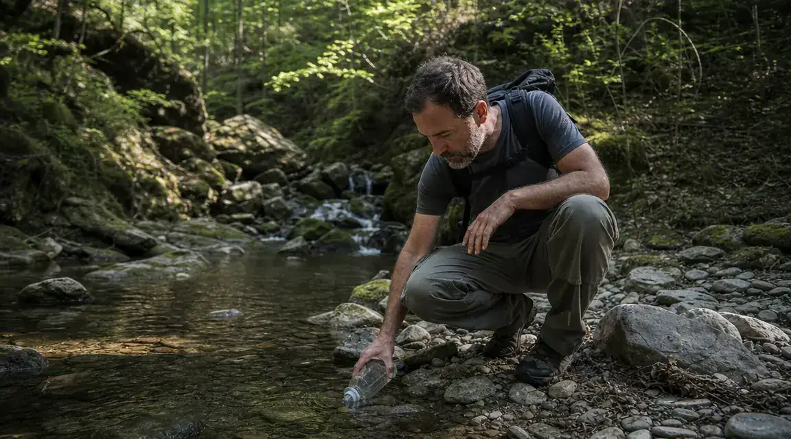 A backpacker sitting on a log at a campsite, refilling a water bottle while the LifeStraw rests nearby on a rock