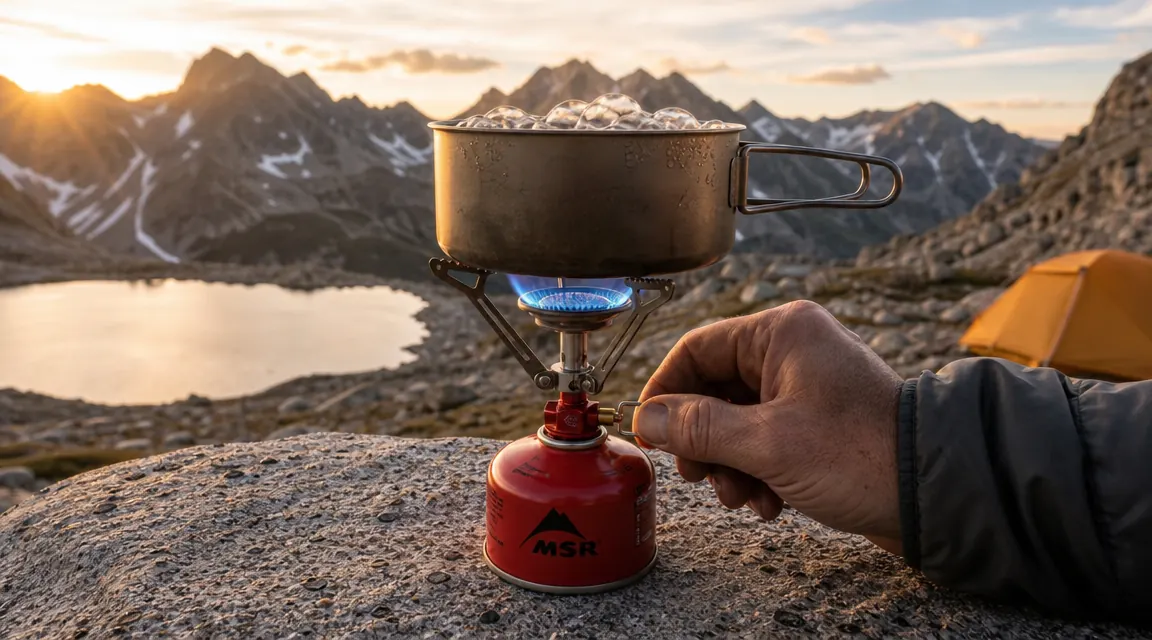 MSR PocketRocket 2 stove screwed onto a canister, small titanium pot boiling over a blue flame at a campsite