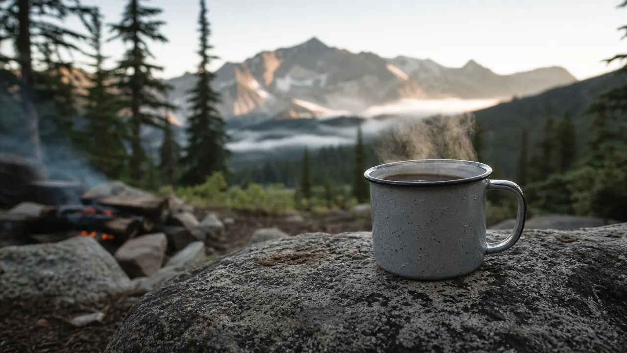Backpacker cooking oatmeal at a campsite surrounded by tall pines, morning fog in the trees