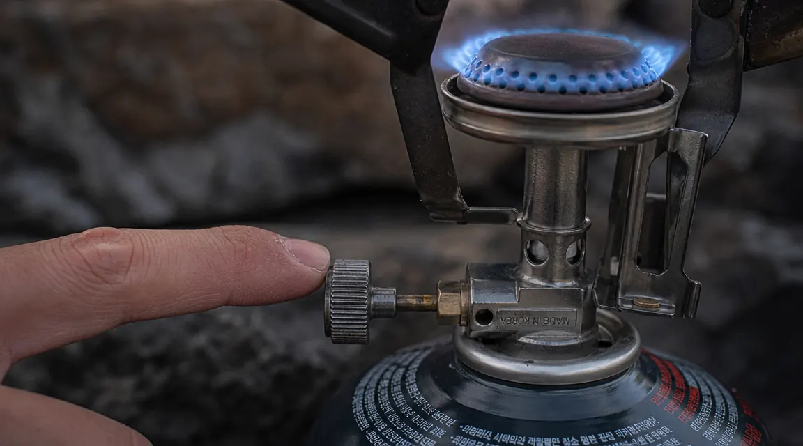 Backpacker looking frustrated next to a stove with a canister tilted sideways in cold weather at a snowy campsite, trying to get flame going