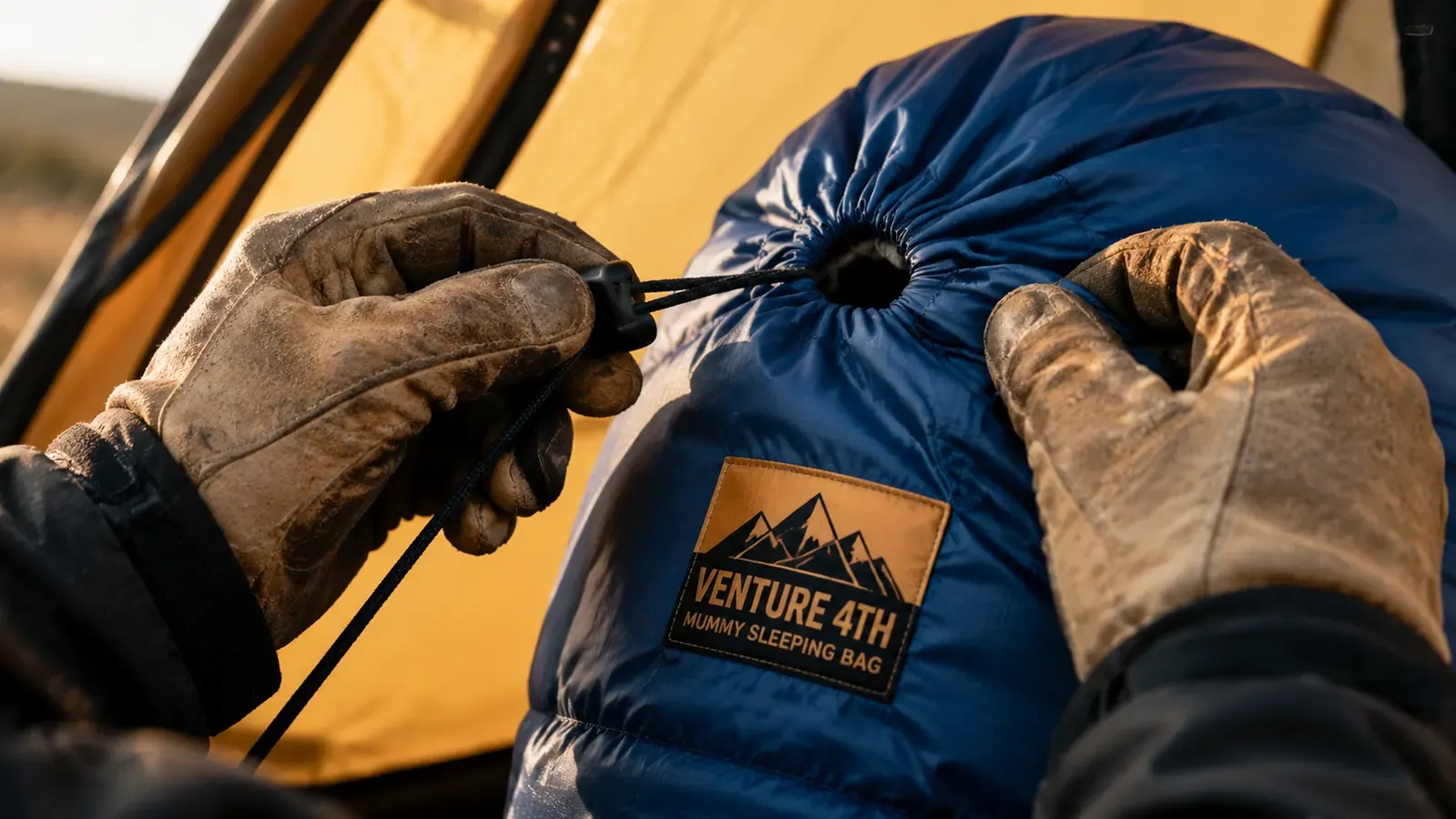 Hands tightening the hood cinch cord on a blue mummy sleeping bag inside a tent