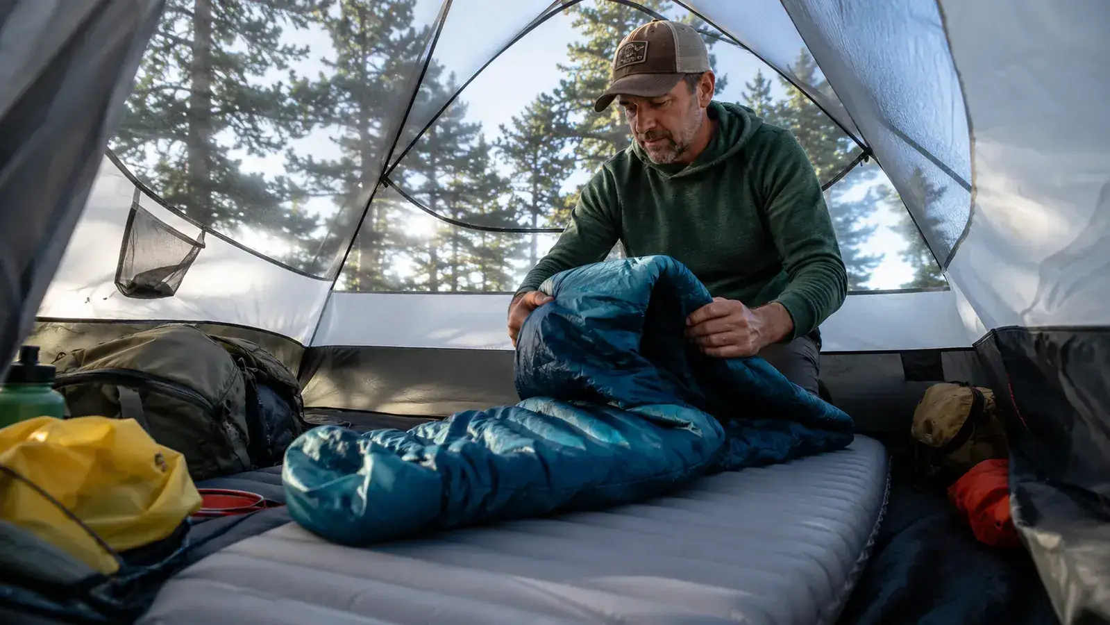 Camper in a mummy sleeping bag sitting up in a tent doorway with morning coffee