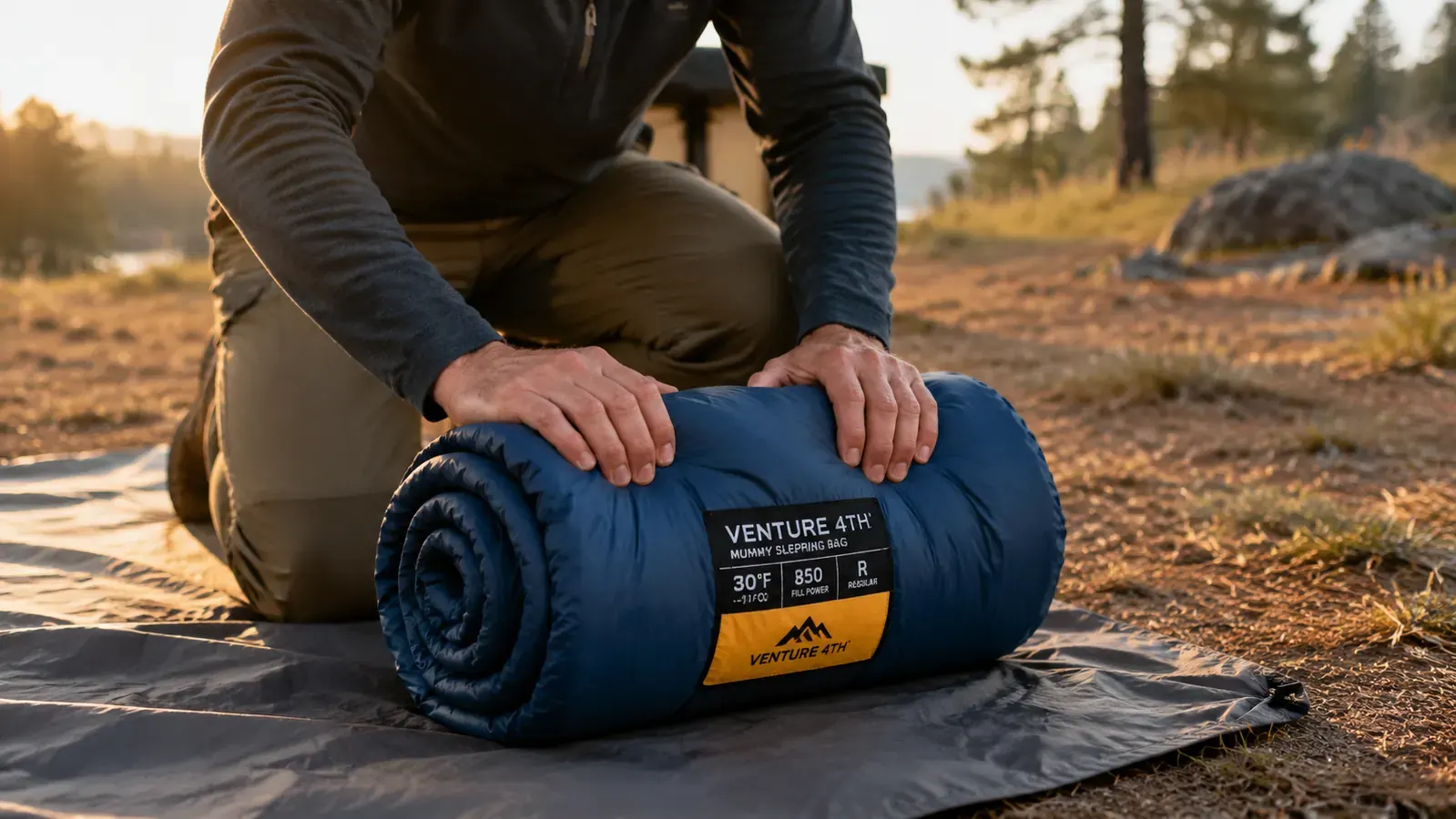 Hiker rolling the VENTURE 4TH mummy sleeping bag into its compression stuff sack